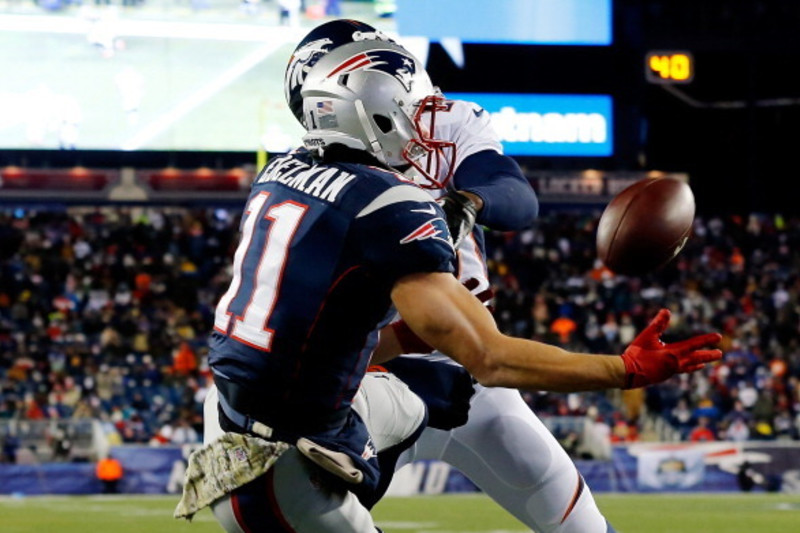 October 20, 2013: New England Patriots wide receiver Julian Edelman (11)  looks on with his helmet off during warm-ups prior to the NFL game between  the New England Patriots and the New