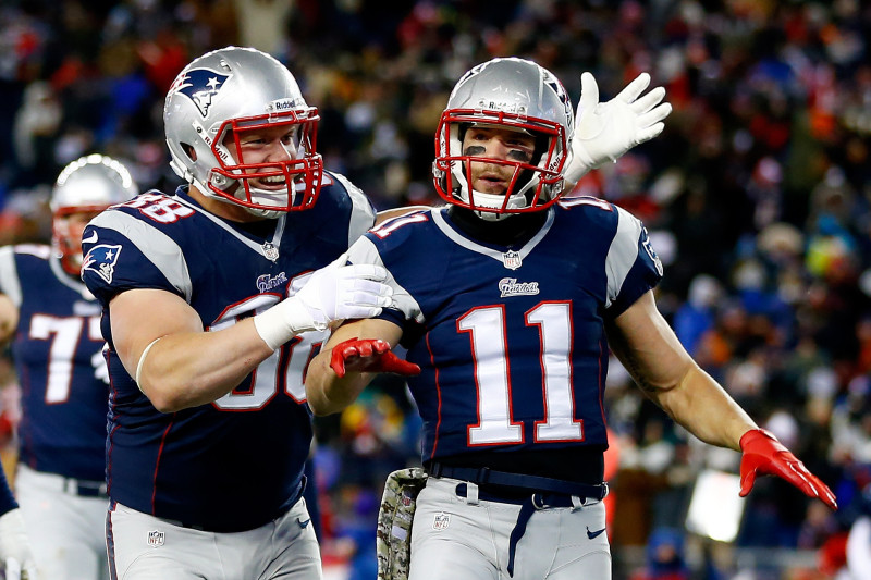 New England Patriots wide receiver Julian Edelman, wearing a Boston Celtics  jersey bearing his number, speaks to the media following an NFL football  game against the Indianapolis Colts, Thursday, Oct. 4,, 2018