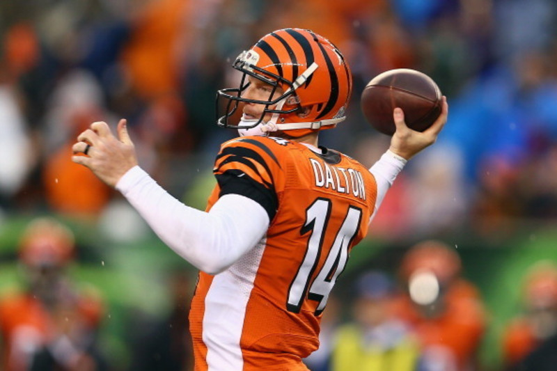 Cincinnati Bengals quarterback Andy Dalton (14) jogs off the field  following the come from behind 16-10 Bengals win against the Pittsburgh  Steelers at Heinz Field in Pittsburgh on November 1, 2015. Photo