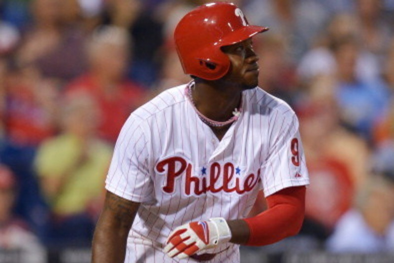 Philadelphia Phillies left fielder Domonic Brown (9) prepares for the game  against the Colorado Rockies. The