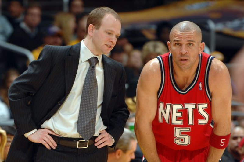 New Jersey Nets Jason Kidd looks up at the score board during the