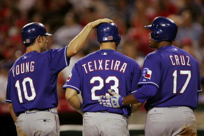 Texas Rangers' Mark Teixeira responds to a question during a press