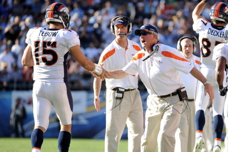 Head coach John Fox talks to Tim Tebow during the second half of an NFL  football game against the Minnesota Vikings – Denver Broncos History