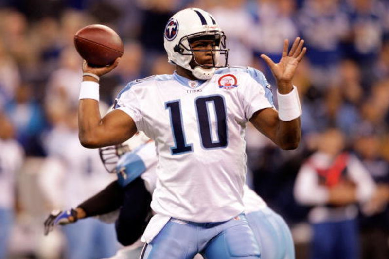 Tennessee Titans quarterback Vince Young looks to throw the ball downfield  during player warm ups prior to their game against the Houston Texans at  Reliant Stadium in Houston, Texas on November 23