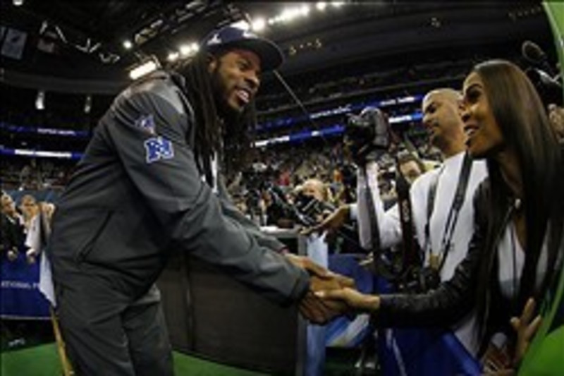 NEWARK, NJ - JANUARY 28: Russell Wilson speaks to the media during