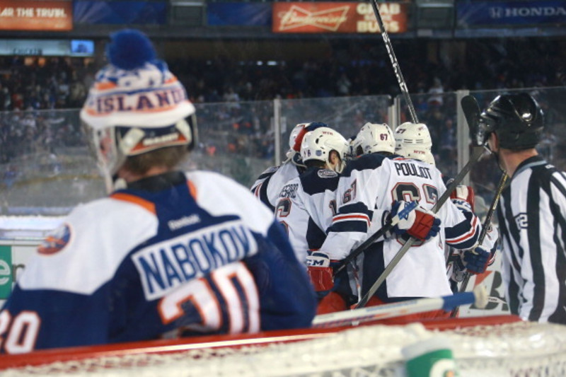 Jan. 29, 2014 - Bronx, New York, U.S - January 29, 2014: New York Rangers  left wing Benoit Pouliot (67) is excited in front of New York Islanders  goalie Evgeni Nabokov (20)