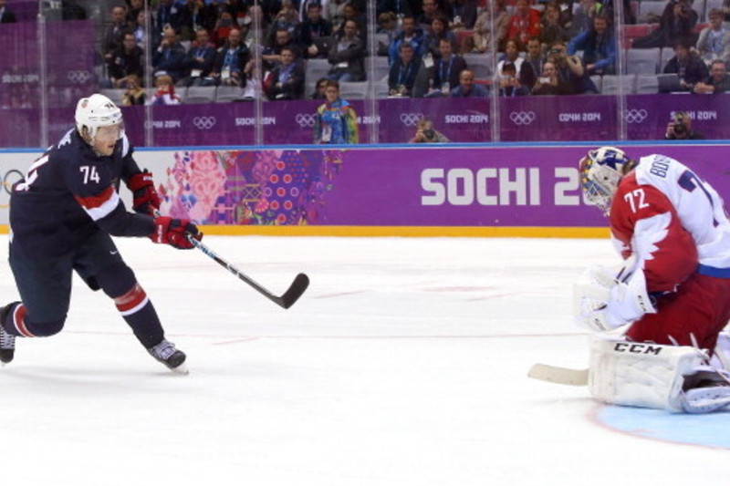 T.J. Oshie - Sochi 2014 - Winter Olympic Games - Team USA Blue Game-Worn  Jersey - Worn in 2nd Period, 3rd Period, Overtime and Shootout vs. Russia,  2/15/14 - NHL Auctions