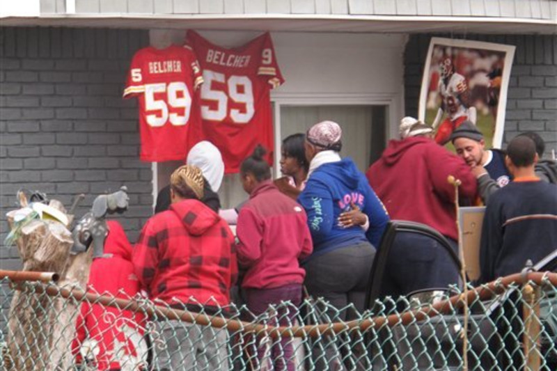 In this Dec. 11, 2011, file photo, Kansas City Chiefs' Jovan Belcher sits  on the sidelines during the third quarter of the NFL football game against  the New York Jets in East