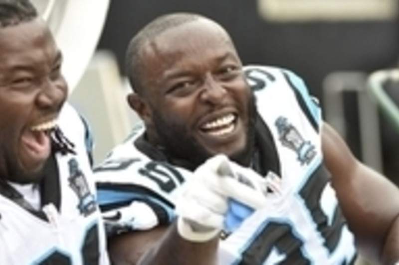 Carolina Panthers defensive end Charles Johnson (95) freacts to a