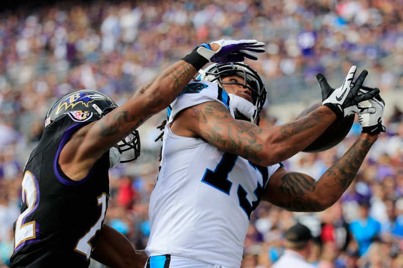 Carolina Panthers wide receiver Kelvin Benjamin runs a drill during a  combined NFL football training camp with the Tennessee Titans Wednesday,  Aug. 16, 2017, in Nashville, Tenn. (AP Photo/Mark Hum …