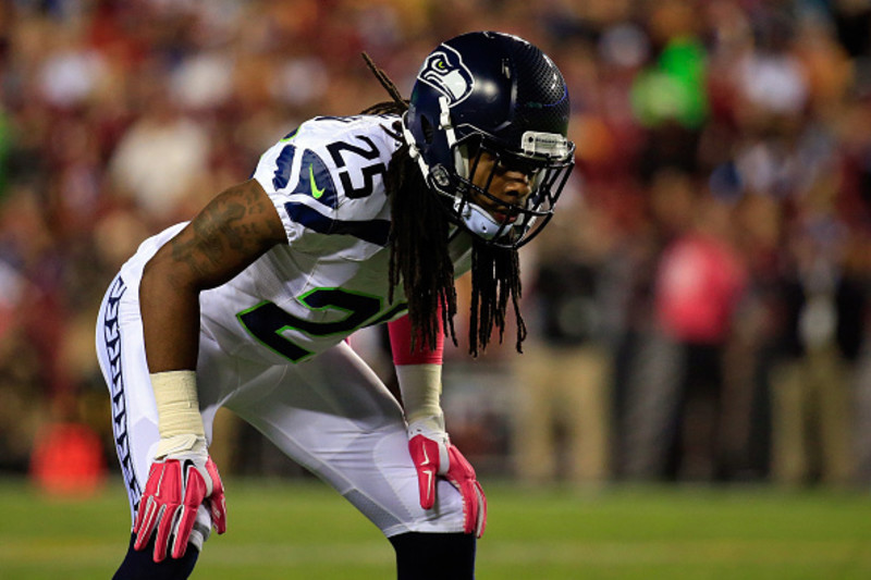 Seattle Seahawks cornerback Richard Sherman (25) looks on against