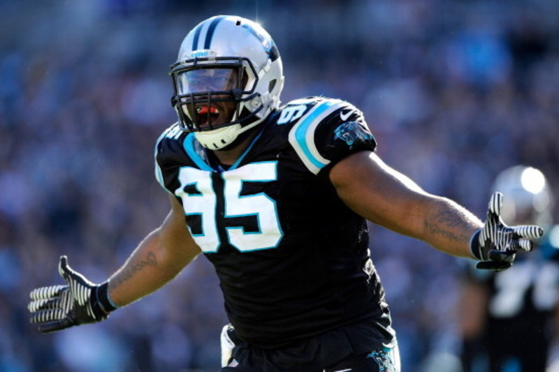 Carolina Panthers defensive end Charles Johnson (95) freacts to a