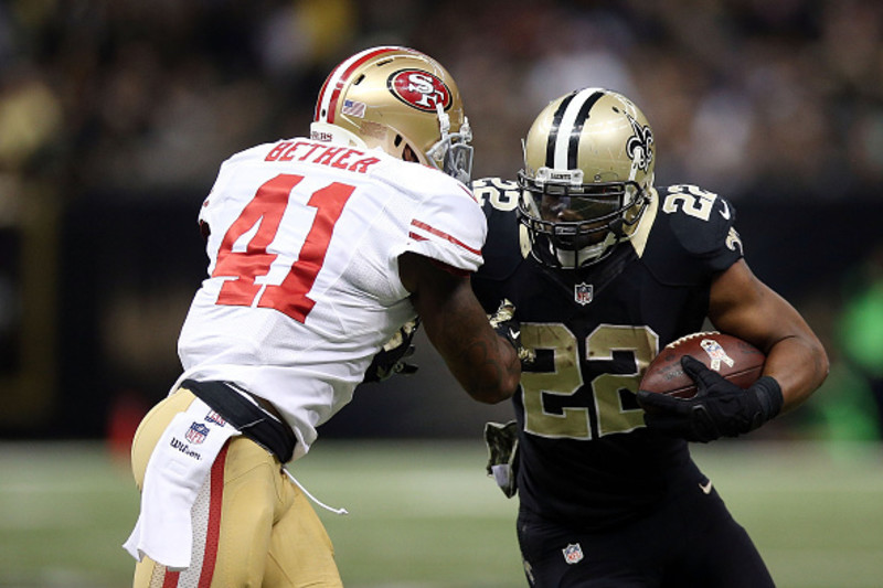 New Orleans Saints running back Joique Bell (20) runs the ball during the  NFL football pre-season game between the San Francisco 49ers and the New  Orleans Saints in New Orleans, Louisiana. The