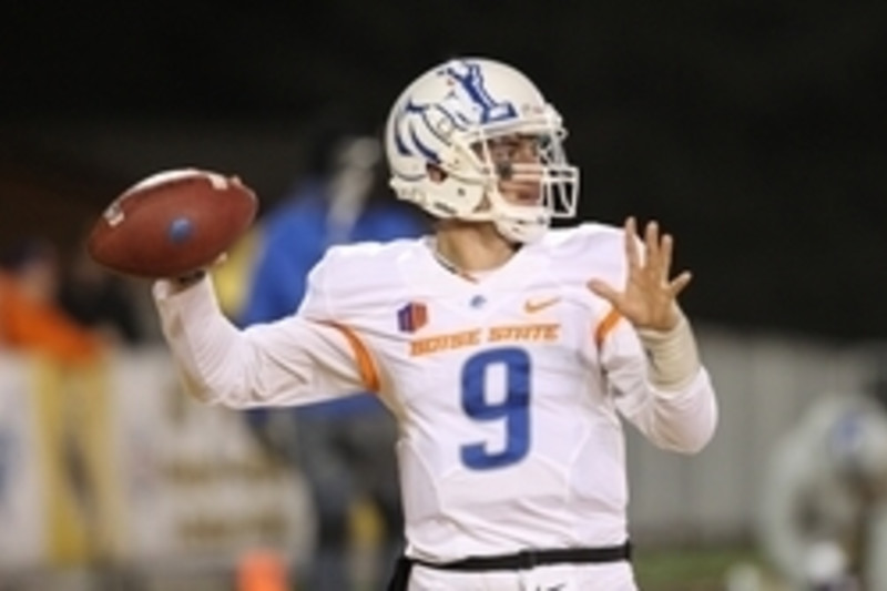 Nov 22, 2014; Laramie, WY, USA; Boise State Broncos quarterback Grant Hedrick (9) warms up before the game against the Wyoming Cowboys at War Memorial Stadium. Mandatory Credit: Troy Babbitt-USA TODAY Sports