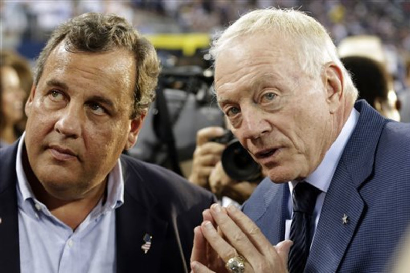 Dallas Cowboys owner Jerry Jones (L) hosts New Jersey Governor Chris  Christie for the Cowboys and New York Giants game at AT&T Stadium in  Arlington, Texas on September 8, 2013. UPI/Ian Halperin