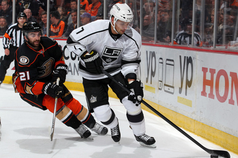 Drew Doughty of the Los Angeles Kings plays against the Anaheim Ducks