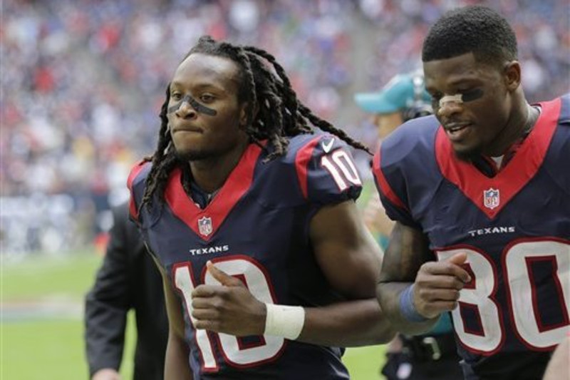 Houston Texans wide receiver DeAndre Hopkins (10) and New York Giants wide  receiver Odell Beckham (13) greet one another prior to NFL game between the  New York Giants and the Houston Texans