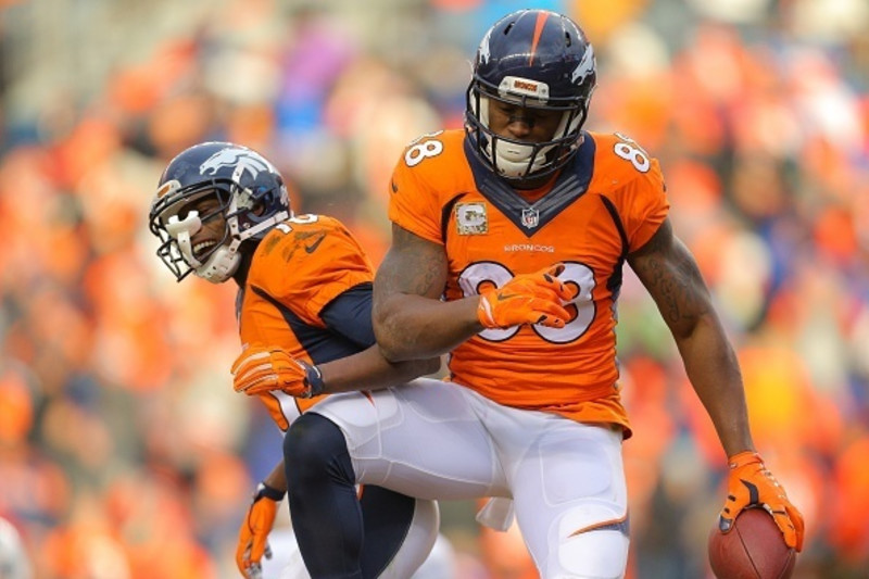 Denver Broncos wide receivers Cody Latimer, left, and Andre