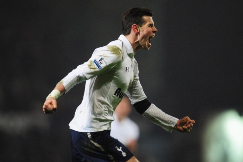 Real Madrid Midfielder, Gareth Frank Bale - BALE, number 11 celebrates with  James Rodriguez after