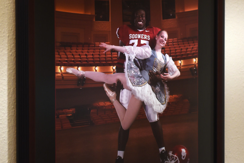 A poster of lineman Davin Joseph from 2005 in OU's student union.