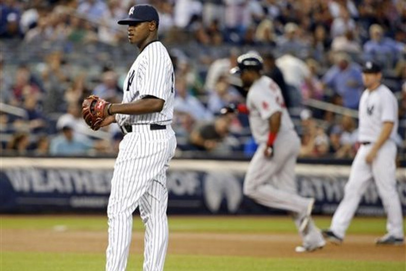 Yankees starting pitcher Luis Severino pitches his 99th and last pitch to  Boston - Gold Medal Impressions