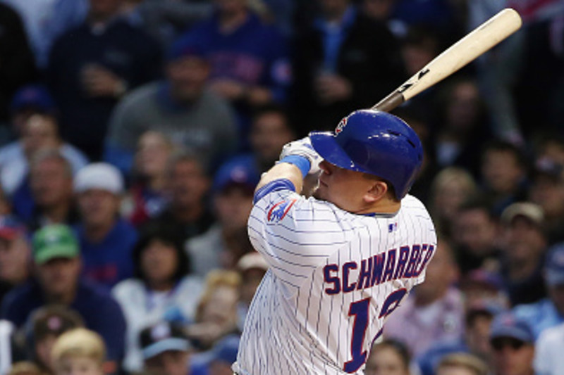 Kyle Schwarber of the Chicago Cubs at bat during a game against the