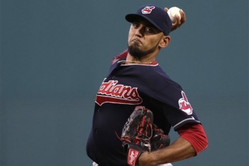 Cleveland Indians pitcher Carlos Carrasco throws live batting