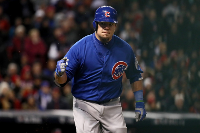 OCT 26, 2016: Chicago Cubs left fielder Kyle Schwarber (12) reacts after a  base hit during Game 2 of the 2016 World Series against the Chicago Cubs  and the Cleveland Indians at