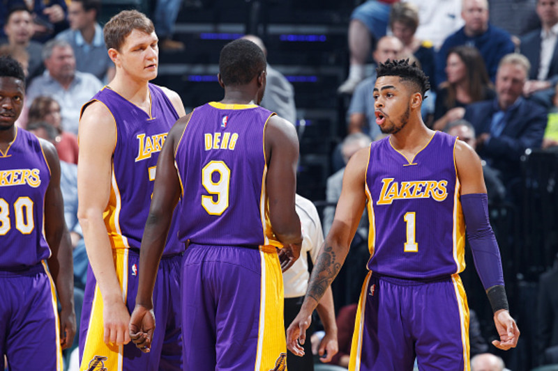 Los Angeles Lakers' Tarik Black, left, and D'Angelo Russell plays