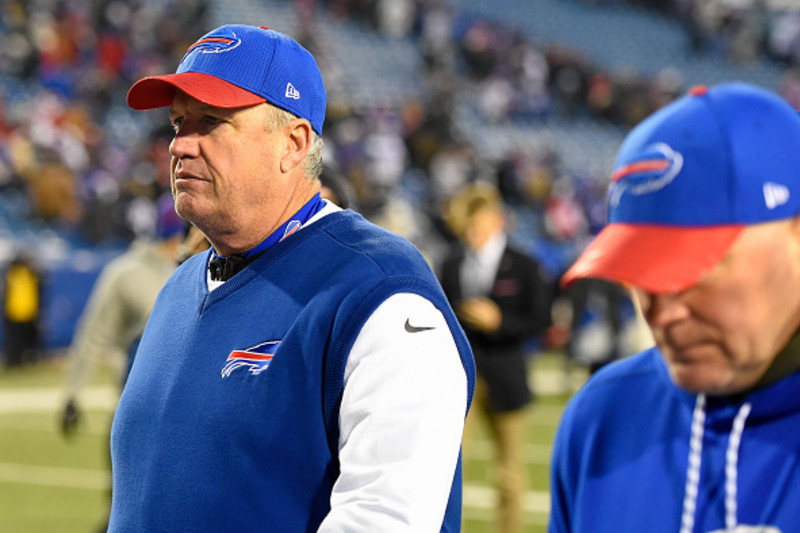 Buffalo Bills head coach Rex Ryan questions an official's call during the  second quarter of the pre-season game against the Washington Redskins at  FedEx Field in Landover, Maryland on Friday, August 26