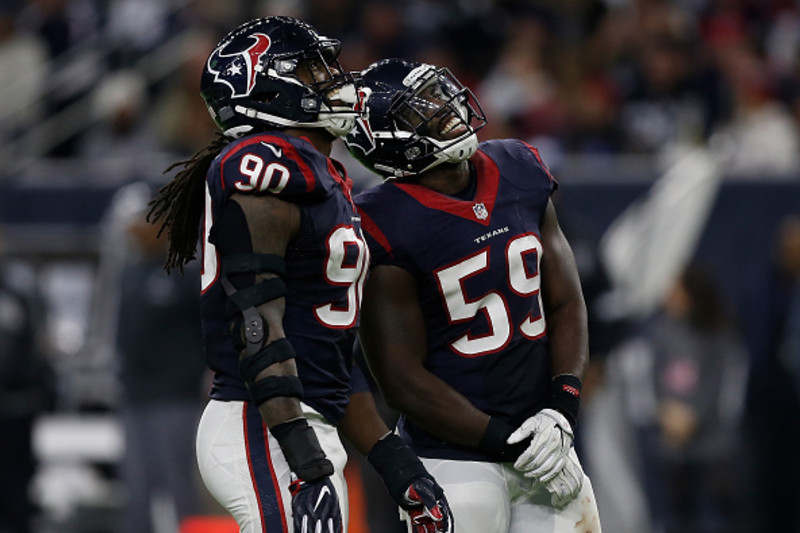 Houston Texans linebackers Jadeveon Clowney, left, and Whitney