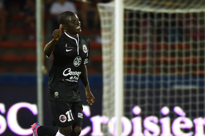 Kante celebrates scoring for Caen against Evian in August 2014.