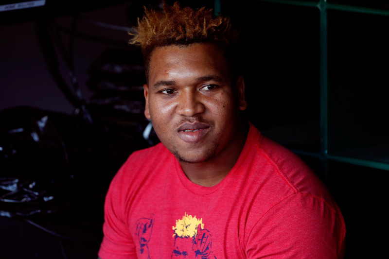 Cleveland Indians Jose Ramirez reacts after hitting a double against the  Chicago White Sox in t…