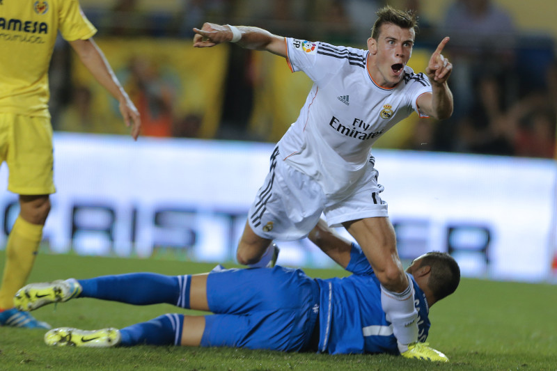 Real Madrid Midfielder, Gareth Frank Bale - BALE, number 11 celebrates with  James Rodriguez after