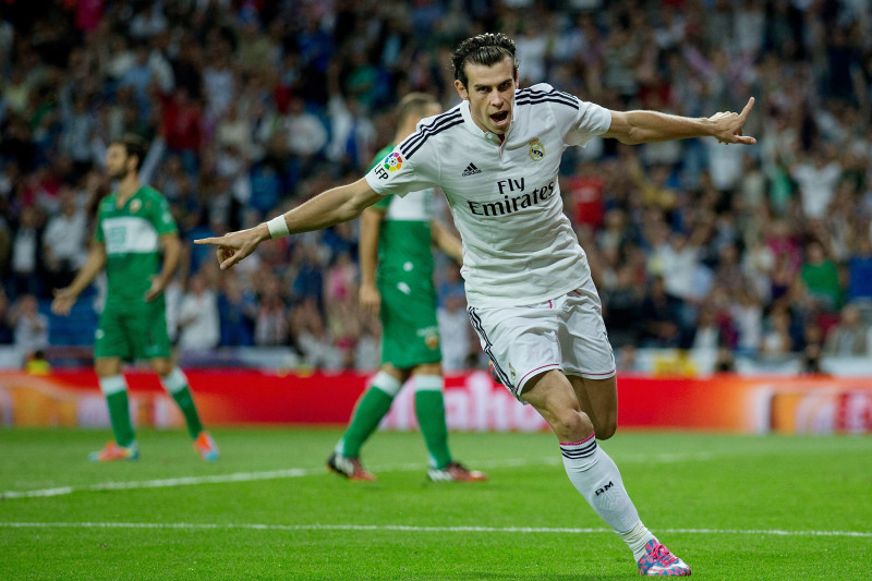 Gareth Bale of Real Madrid celebrates the second goal during the LaLiga  2017/18 match between Real Madrid and Celta de Vigo, at Santiago Bernabeu  Stadium in Madrid on May 12, 2018. (Photo