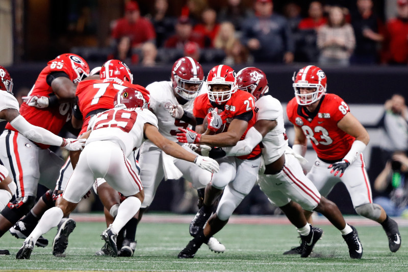 Overtime. 08th Jan, 2018. Georgia running back Nick Chubb (27) during  pregame of College Football Playoff National Championship game action  between the Alabama Crimson Tide and the Georgia Bulldogs at Mercedes-Benz  Stadium