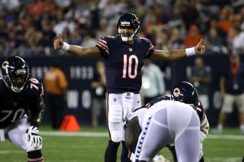 August 16, 2019, Chicago Bears quarterback Mitchell Trubisky (10) throws  the ball prior to the NFL preseason game between the Chicago Bears and the  New York Giants at MetLife Stadium in East