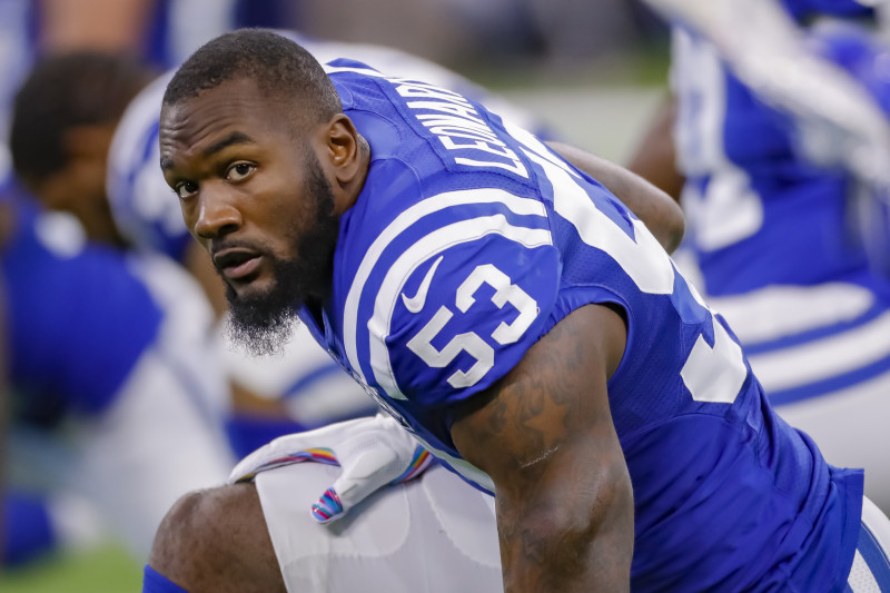 Indianapolis Colts linebacker Darius Leonard (53) celebrates a defensive  stop during an NFL football game against the New England Patriots,  Saturday, Dec. 18, 2021, in Indianapolis. (AP Photo/Zach Bolinger Stock  Photo - Alamy