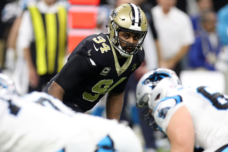 New Orleans Saints defensive end Cameron Jordan (94) leaves the field after  the saints defeated the Tampa Bay Buccaneers at the Mercedes-Benz Superdome  in New Orleans November 5, 2017. Photo by AJ