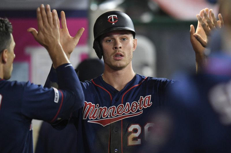 Milwaukee, WI, USA. 20th Apr, 2016. Minnesota Twins Max Kepler #26 is  congratulated after scoring during the Major League Baseball game between  the Milwaukee Brewers and the Minnesota Twins at Miller Park