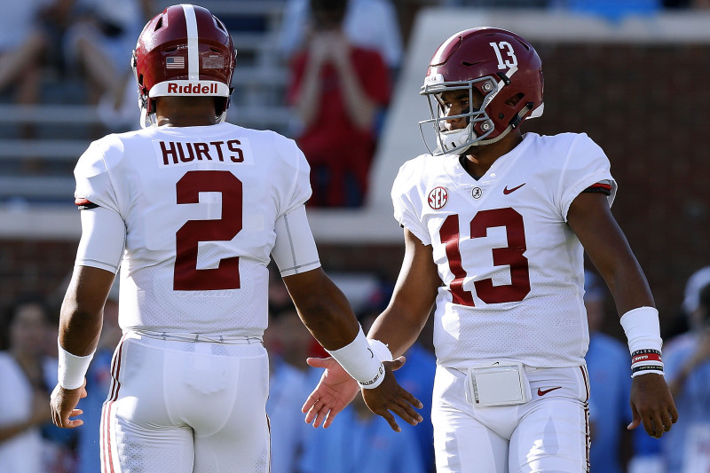 Alabama quarterback Tua Tagovailoa warms up before the NCAA