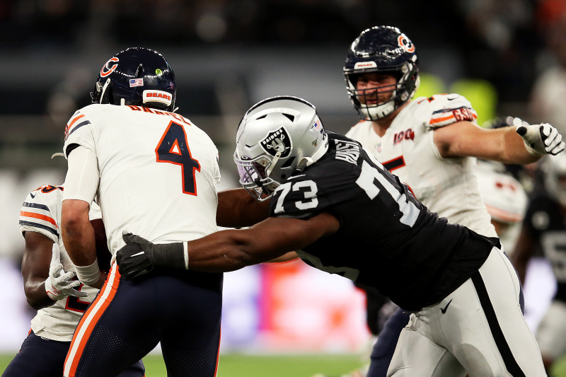 Chicago Bears quarterback Chase Daniel (4) is sacked by Oakland