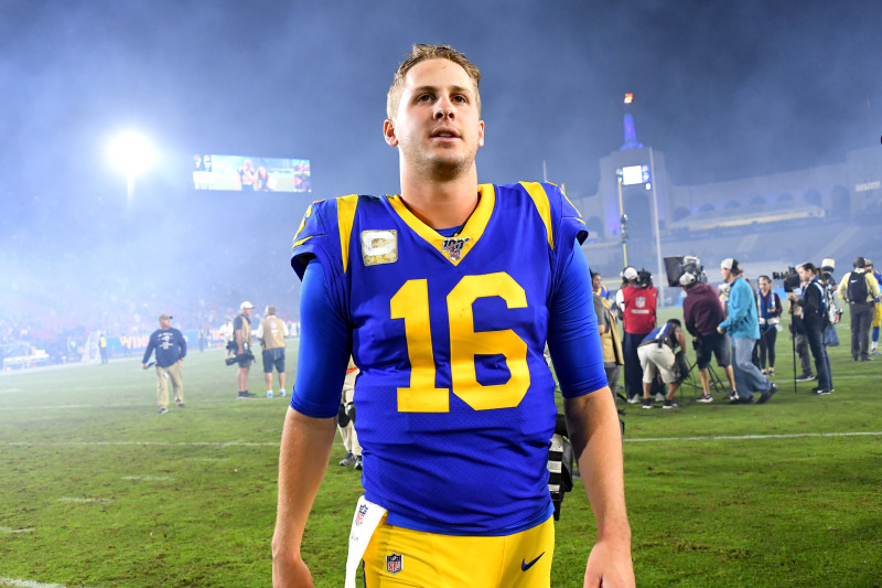 Los Angeles Rams quarterback Jared Goff wears an NFC Champions hat