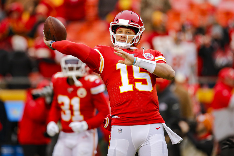 KANSAS CITY, MO - DECEMBER 01: Patrick Mahomes #15 of the Kansas City Chiefs throws a pass during pregame warmups prior to the game against the Oakland Raiders at Arrowhead Stadium on December 1, 2019 in Kansas City, Missouri. (Photo by David Eulitt/Getty