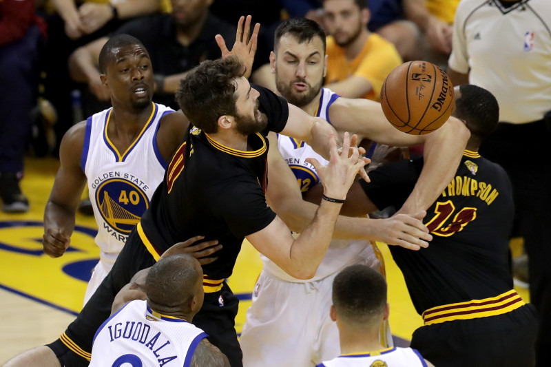 OAKLAND, CA - JUNE 13:  Kevin Love #0 of the Cleveland Cavaliers goes up for a shot against Andrew Bogut #12 of the Golden State Warriors in the first half in Game 5 of the 2016 NBA Finals at ORACLE Arena on June 13, 2016 in Oakland, California. NOTE TO U