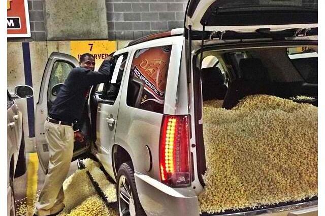 a van filled with popcorn