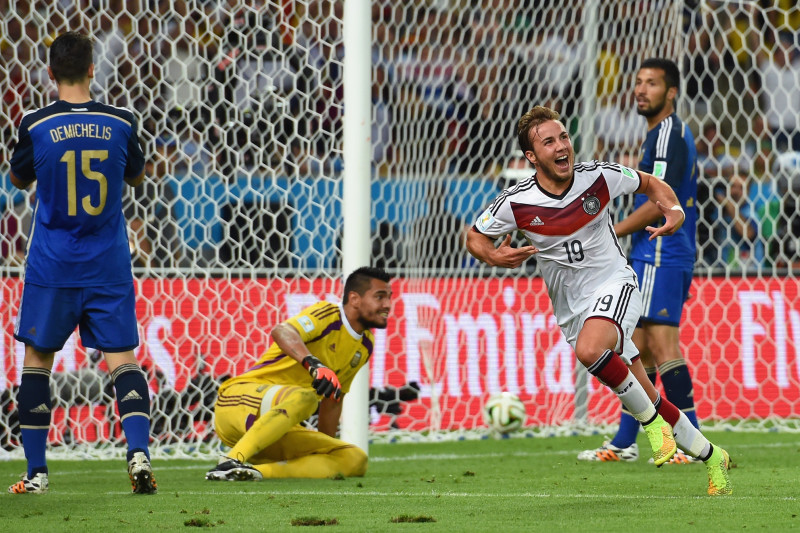 RIO DE JANEIRO, BRAZIL - JULY 13:  Mario Goetze of Germany celebrates scoring his team's first goal in extra time during the 2014 FIFA World Cup Brazil Final match between Germany and Argentina at Maracana on July 13, 2014 in Rio de Janeiro, Brazil.  (Photo by Matthias Hangst/Getty Images)