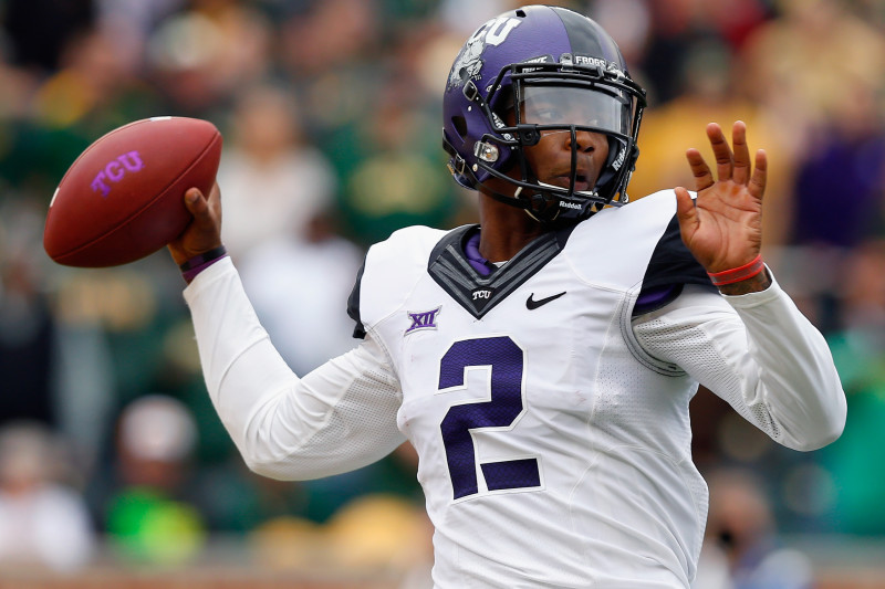 WACO, TX - OCTOBER 11:  Trevone Boykin #2 of the TCU Horned Frogs looks for an open receiver in the first half against the Baylor Bears at McLane Stadium on October 11, 2014 in Waco, Texas.  (Photo by Tom Pennington/Getty Images)
