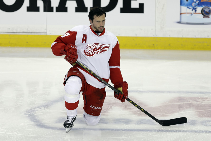 Detroit Red Wings center Pavel Datsyuk, of Russia, before Game 7 of a first-round NHL Stanley Cup hockey playoff series against the Tampa Bay Lightning Wednesday, April 29, 2015, in Tampa, Fla. (AP Photo/Chris O'Meara)