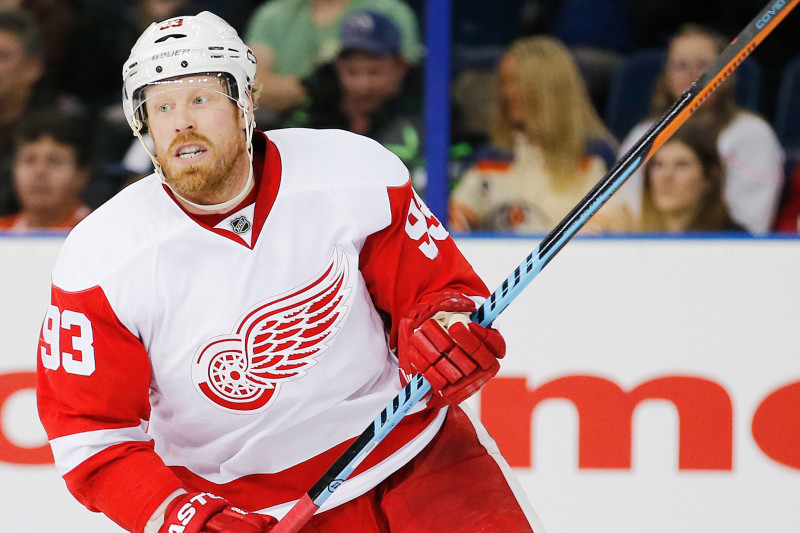 Jan 6, 2015; Edmonton, Alberta, CAN;  Detroit Red Wings forward Johan Franzen (93) follows the play against the Edmonton Oilers at Rexall Place. Mandatory Credit: Perry Nelson-USA TODAY Sports